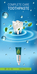 Antibacterial toothpaste ads. Vector 3d Illustration with toothpaste and mind leaves.