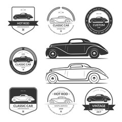 Set of hot rod, classic, vintage car service labels, emblems, logos, badges. Black vector design elements isolated on white background - obrazy, fototapety, plakaty