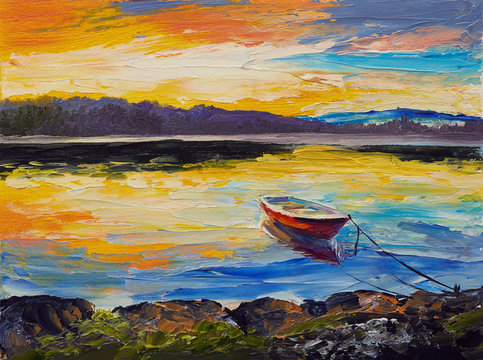 Oil painting, artwork on canvas. Fishing boats on sea