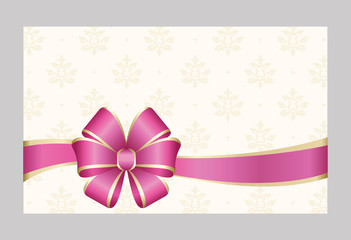 Gift certificate, Gift Card With Pink Ribbon And A Bow on  Decorative Elements  background.  Gift Voucher Template.  Vector image.