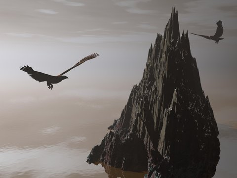 eagle and fantastic sunset - 3d render