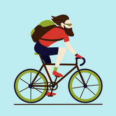Bicycle delivery messenger courier bearded hipster male character with backpack wearing shorts and t-shirt. Urban logistics transportation. Isolated cyclist on blue background.