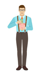 Businessman puts banknote in a piggy bank