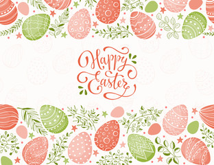 Easter eggs composition hand drawn black on white background. Decorative horizontal stripe from eggs with  doodle leaves.