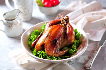 Baked chicken stuffed with rice.