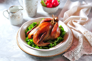 Baked chicken stuffed with rice.