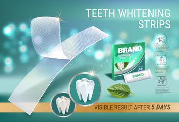 Professional Whitening Stripes ads. Vector 3d Illustration with dental bleaching whiter and mint.