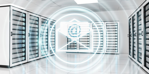 Emails flying over server room data center 3D rendering