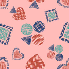 Seamless vector geometrical pattern with icons of playing cards. background with hand drawn textured geometric figures. Pastel Graphic illustration Template for wrapping, web backgrounds, wallpaper