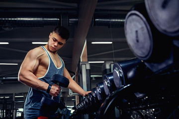 Fototapeta na wymiar Sportsman bodybuilder athlete doing exercises with dumbbells in the gym.