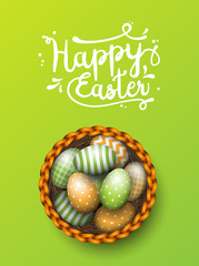 Basket with painted easter eggs on green background, illustration