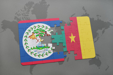 puzzle with the national flag of belize and cameroon on a world map