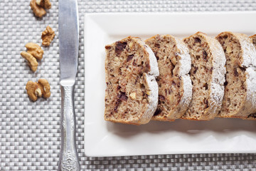 Banana cake with walnuts and dark chocolate