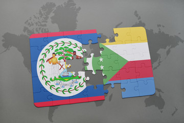 puzzle with the national flag of belize and comoros on a world map