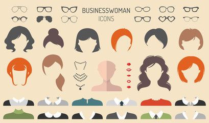 Vector set of dress up constructor with businesswoman haircuts, lips etc. in flat style. Female faces icon creator. - obrazy, fototapety, plakaty