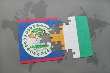 puzzle with the national flag of belize and cote divoire on a world map