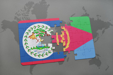puzzle with the national flag of belize and eritrea on a world map