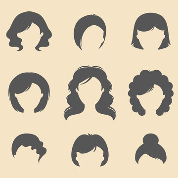 Vector set of different women fancy haircuts icons in trendy flat style. Female faces icons.
