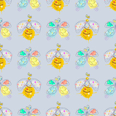 Vector seamless pattern with insect Hand drawn outline decorative endless background with cute drawn butterfly, wasp Graphic illustration. Line drawing. Print for wrapping, background, decor