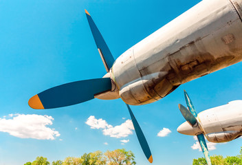 Turbines of turboprop aircraft against blue sky