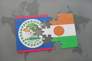 puzzle with the national flag of belize and niger on a world map
