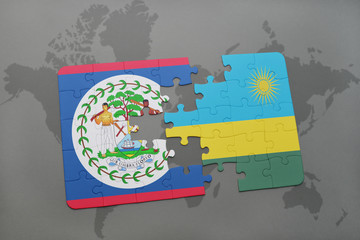 puzzle with the national flag of belize and rwanda on a world map