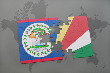 puzzle with the national flag of belize and seychelles on a world map