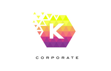 K Colorful Hexagonal Letter Logo Design with Rainbow Mosaic Pattern.