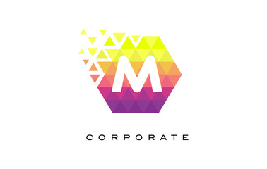 M Colorful Hexagonal Letter Logo Design with Rainbow Mosaic Pattern.