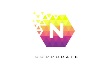 N Colorful Hexagonal Letter Logo Design with Rainbow Mosaic Pattern.
