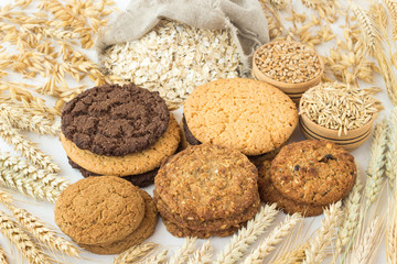 Different kinds of round cookies on the background wheat spikes and oats