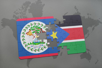 puzzle with the national flag of belize and south sudan on a world map