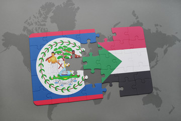 puzzle with the national flag of belize and sudan on a world map
