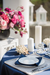 Table setting at a luxury wedding or another catered event. Marine themes