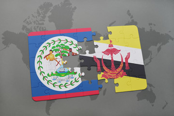 puzzle with the national flag of belize and brunei on a world map