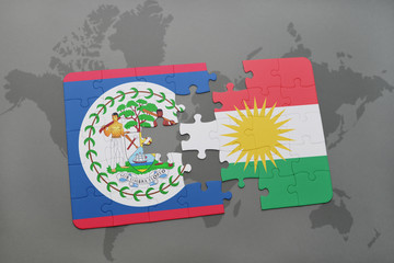 puzzle with the national flag of belize and kurdistan on a world map