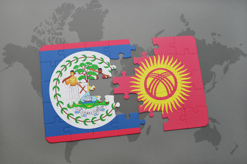 puzzle with the national flag of belize and kyrgyzstan on a world map