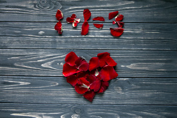 Heart lined with red petals and labeled with ??? petals “1+1=3”. Gray wooden background