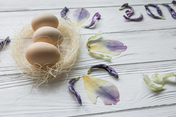 Easter composition with eggs and dried violet petals of flowers. Inscription 2017, space for text