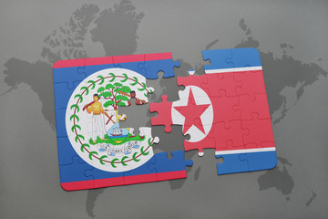 puzzle with the national flag of belize and north korea on a world map