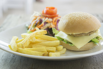 Grass Fed Bison Hamburger with Lettuce and Cheese,selective focus,with copy space