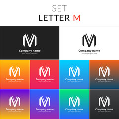 Letter M logo. Set icon M with colorful gradient background. Vector sign on black and white color. Creative vision concept logo, elements, symbol for card, brand, banners.