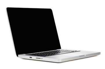 Modern laptop computer with blank screen isolated on white background