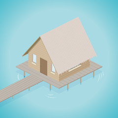 Tropical resort with bungalows on the beach and on the sea water. Isometric view. Vector illustration.