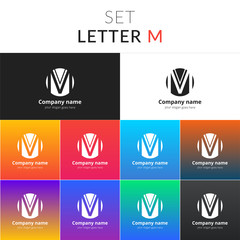 Letter M logo. Set abstract icon M with colorful gradient background. Vector sign on black and white color. Creative vision concept logo, elements, symbol for card, brand, banners.