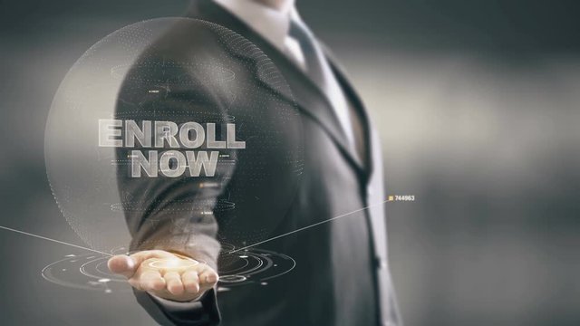 Enroll Now Businessman Holding in Hand New technologies