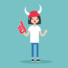 Young brunette girl wearing horned hat and foam finger / flat editable vector illustration, clip art