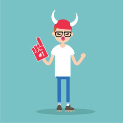 Young nerd wearing horned hat and foam finger / flat editable vector illustration, clip art