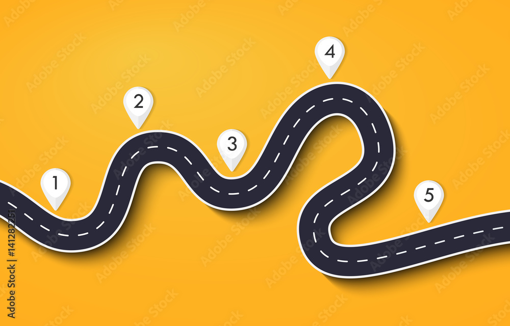 Poster winding road on a colorful background. road way location infographic template with pin pointer. vect
