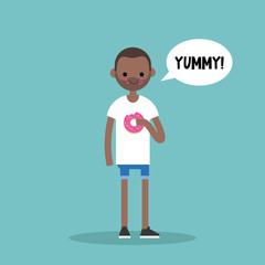 Young black man chewing strawberry donut / flat editable vector illustration